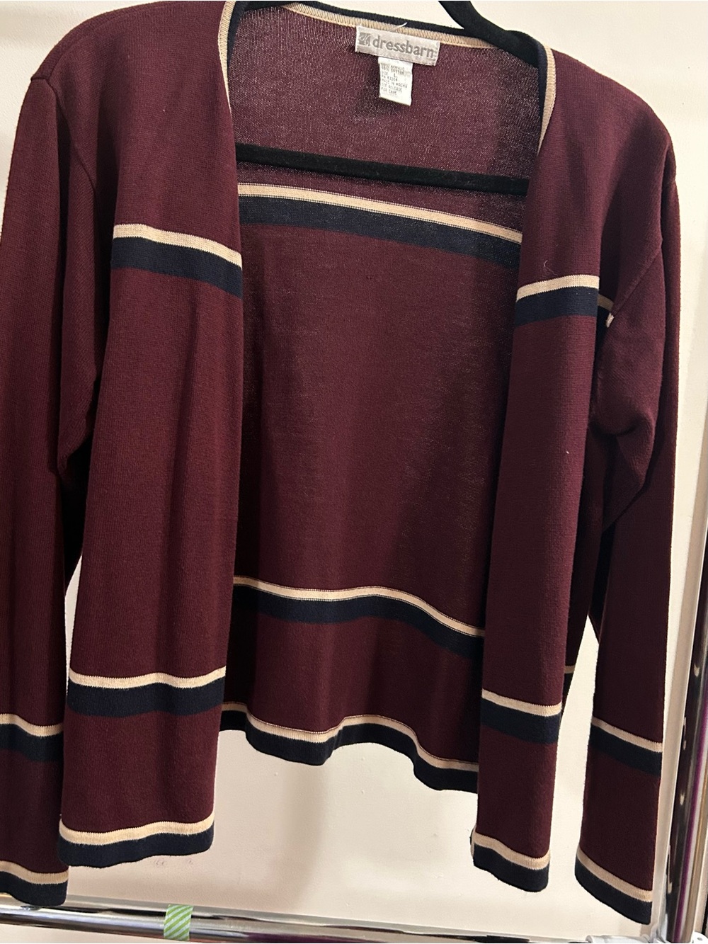 dressbarn Burgundy Open Cardigan with Navy and Cream Stripes